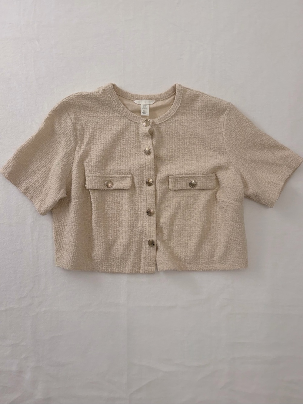 H&M Cream Short-Sleeve Textured Button Jacket